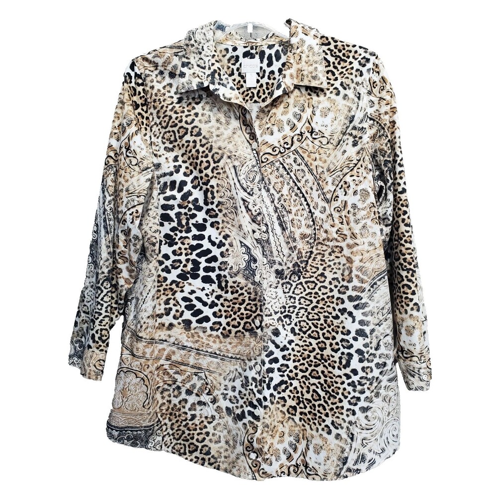 Chico's No-Iron Cotton Mixed Animal Print Button-Up Tunic Size 3 (XL) Boho